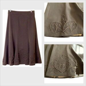 CAbi Dark Brown Embroidered Appliqué Midi Skirt Sz4 Fairy Grunge, Dark Academia